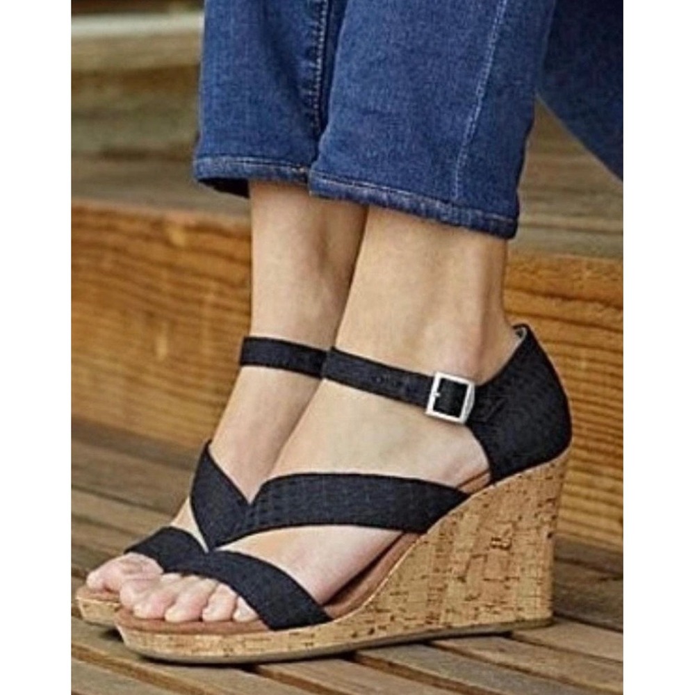 TOMS Clarissa Black Textile Ankle Strap Cork Wedge Sandals Size 7.5 NWT NWOB